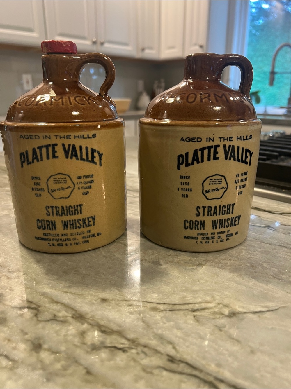 2 Vintage McCormick Platte Valley Straight Corn Whiskey Mini Stoneware Jugs-EMPT